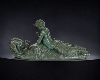 EMMANUEL FREMIER 1824 -1910 BRONZE WITH GREEN PATINA "PAM ET OURSONS" SIGNED