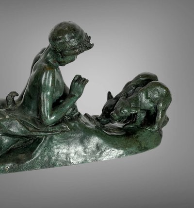 EMMANUEL FREMIER 1824 -1910 BRONZE WITH GREEN PATINA "PAM ET OURSONS" SIGNED