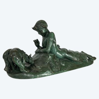 EMMANUEL FREMIER 1824 -1910 BRONZE WITH GREEN PATINA "PAM ET OURSONS" SIGNED