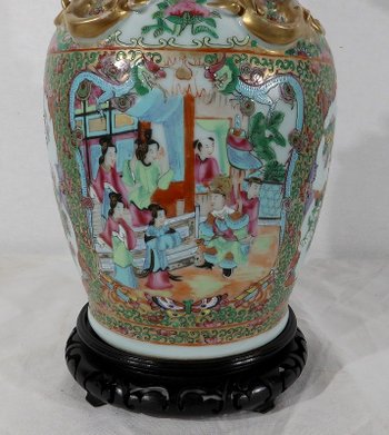  Canton porcelain vase on wooden base, China - 19th century