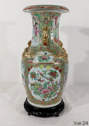  Canton porcelain vase on wooden base, China - 19th century