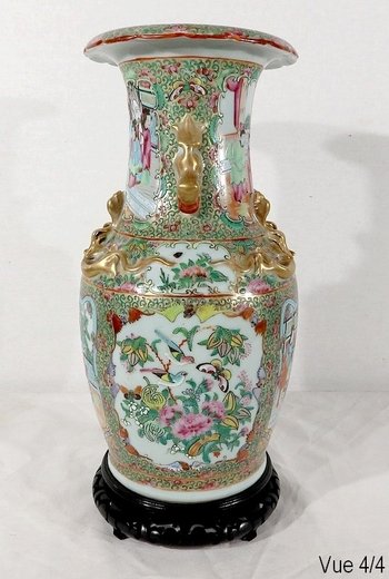  Canton porcelain vase on wooden base, China - 19th century