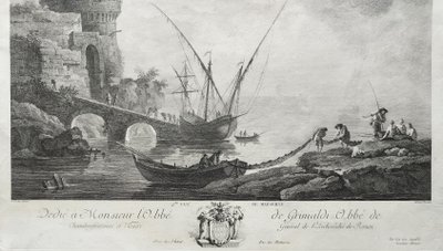 Etching Seascape Marseille By Jacques Aliamet After Vernet Antique 18th C Engraving  Old Print