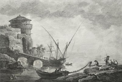 Etching Seascape Marseille By Jacques Aliamet After Vernet Antique 18th C Engraving  Old Print