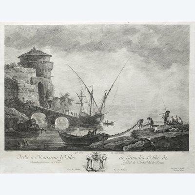 Etching Seascape Marseille By Jacques Aliamet After Vernet Antique 18th C Engraving  Old Print