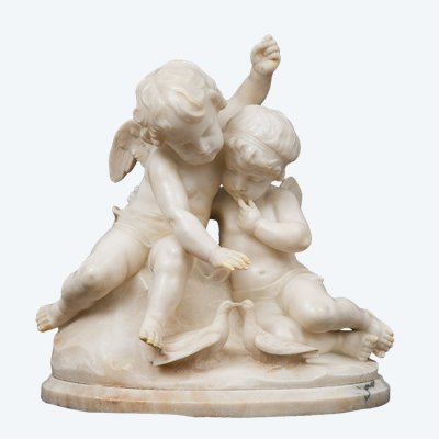 Antique sculptural group in white statuary marble, France, 19th century.