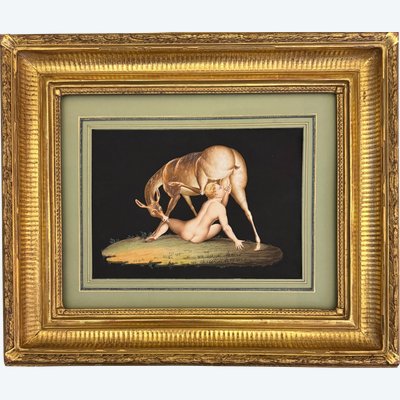 Neapolitan gouache 19th century -Young man suckling a doe, Telepheus - Pompeii