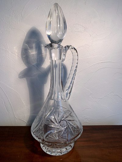 Hand-blown, hand-cut crystal decanter.