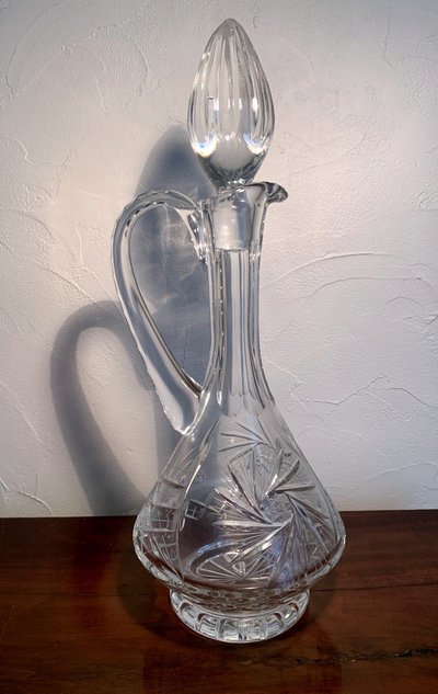 Hand-blown, hand-cut crystal decanter.