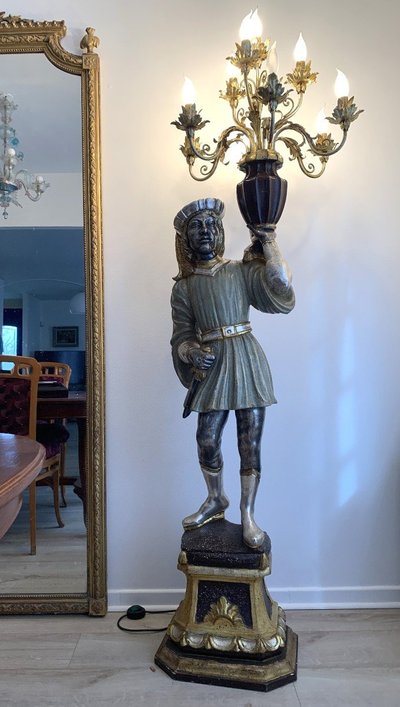 Polychrome Silver Wooden Venetian Figure Torchiere Floor Lamp