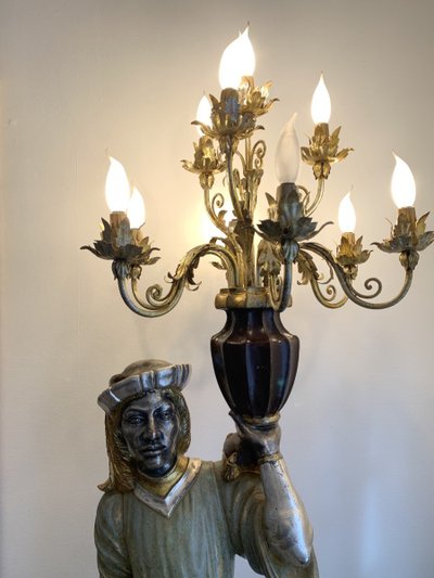 Polychrome Silver Wooden Venetian Figure Torchiere Floor Lamp