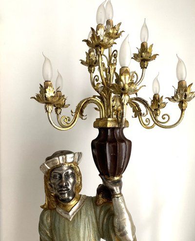 Polychrome Silver Wooden Venetian Figure Torchiere Floor Lamp