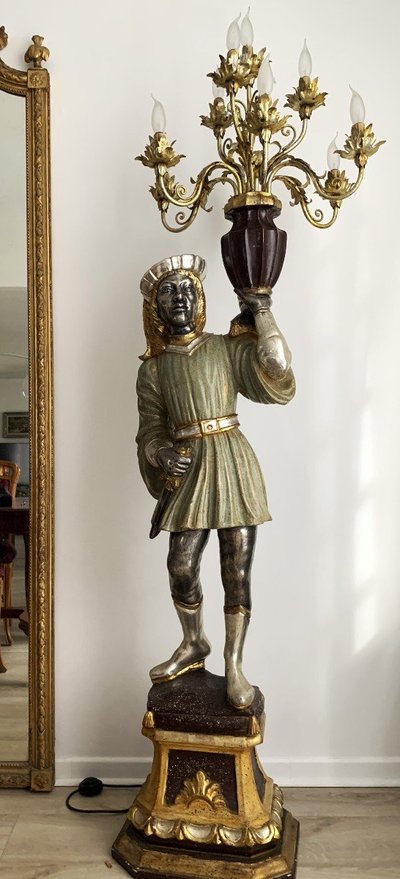 Polychrome Silver Wooden Venetian Figure Torchiere Floor Lamp