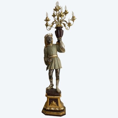 Polychrome Silver Wooden Venetian Figure Torchiere Floor Lamp