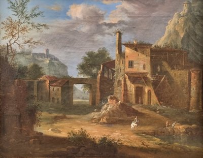 18th century French or Italian school - Animated landscape with a ruin