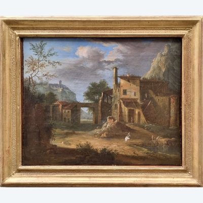 18th century French or Italian school - Animated landscape with a ruin