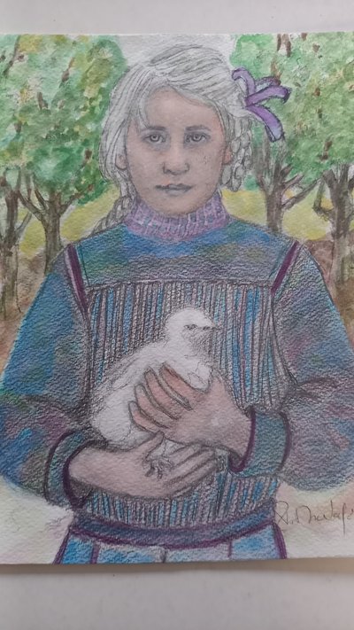 Ritratto di bambina con gallinella d'acqua / acquerello