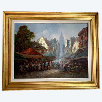 B. Baliquant Oil On Canvas "Lively Market Scene