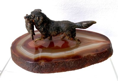 Bronze De Vienne Polychrome Dog Bringing in a Hare on Agate