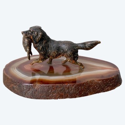 Bronze De Vienne Polychrome Dog Bringing in a Hare on Agate