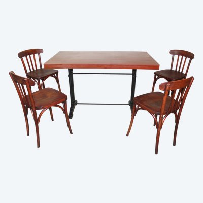 Table de bistrot avec dessus en bakelite et ses 4 chaises en hêtre époque Art Déco