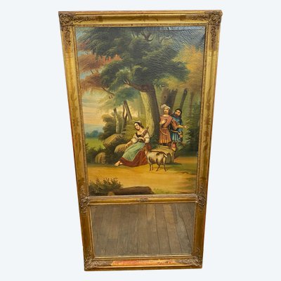 19th Century Gilded Wood Trumeau Romantic Scene - 69cm X 140cm