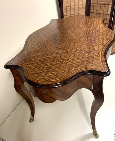 Napoleon III period cube marquetry center table