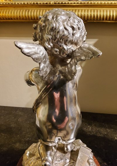 Silver bronze sculpture "Cupid" by Louis Kley, 19th century Marble base