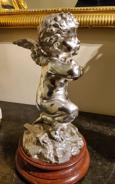 Silver bronze sculpture "Cupid" by Louis Kley, 19th century Marble base