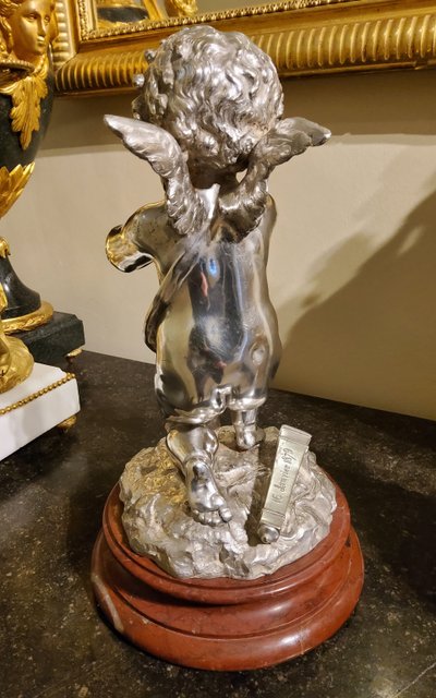 Silver bronze sculpture "Cupid" by Louis Kley, 19th century Marble base