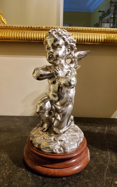 Silver bronze sculpture "Cupid" by Louis Kley, 19th century Marble base