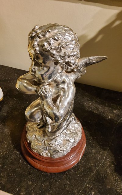 Silver bronze sculpture "Cupid" by Louis Kley, 19th century Marble base