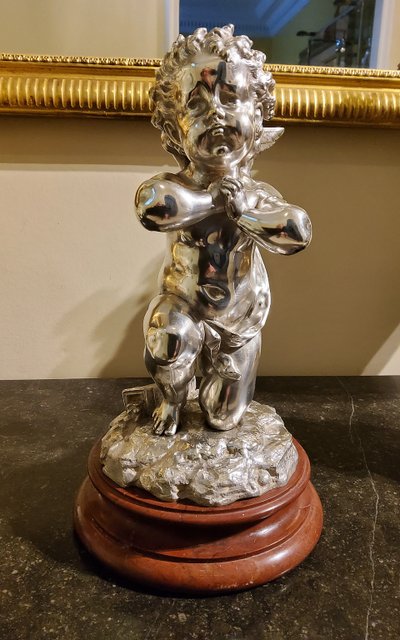 Silver bronze sculpture "Cupid" by Louis Kley, 19th century Marble base