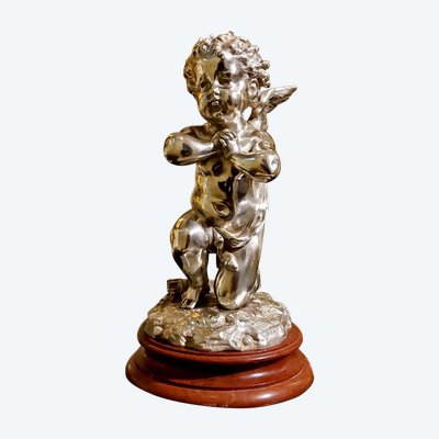 Silver bronze sculpture "Cupid" by Louis Kley, 19th century Marble base