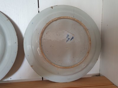 Pair of 18th c Delft plates marked  with the 3 bells of the Drei Klokken (establ Delft 1641)