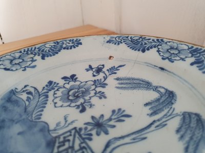 Pair of 18th c Delft plates marked  with the 3 bells of the Drei Klokken (establ Delft 1641)