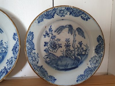 Pair of 18th c Delft plates marked  with the 3 bells of the Drei Klokken (establ Delft 1641)