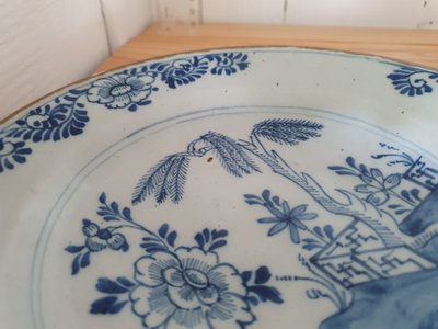 Pair of 18th c Delft plates marked  with the 3 bells of the Drei Klokken (establ Delft 1641)