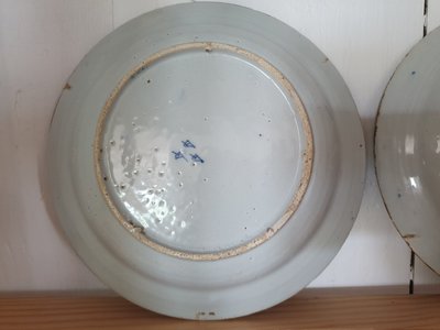 Pair of 18th c Delft plates marked  with the 3 bells of the Drei Klokken (establ Delft 1641)