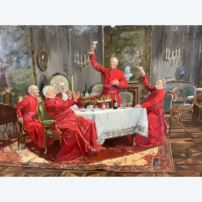 Le Joyeux Repas Des Cardinaux - Tableau 19ème Huile Sur Toile 92 x 65 cm