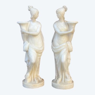 Pair Of Alabaster Sculptures Women Draped in Antique Style Early 19th Empire -italy