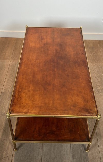 Important Neoclassical Brass Coffee Table with Two Leather Tops.