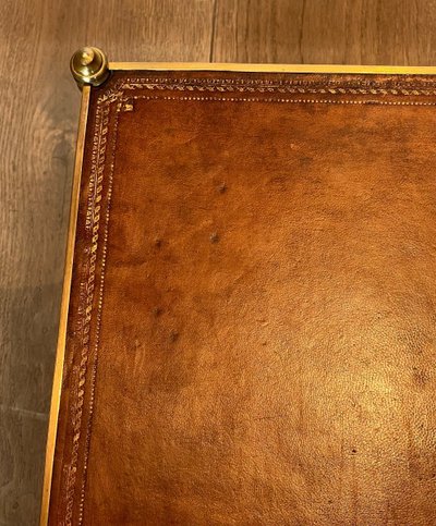 Important Neoclassical Brass Coffee Table with Two Leather Tops.