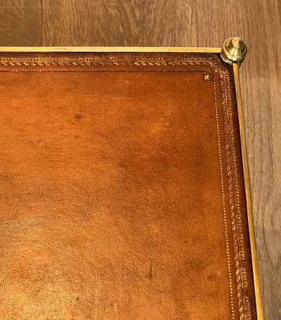 Important Neoclassical Brass Coffee Table with Two Leather Tops.