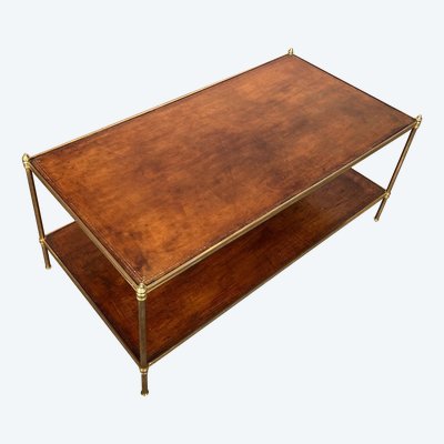 Important Neoclassical Brass Coffee Table with Two Leather Tops.