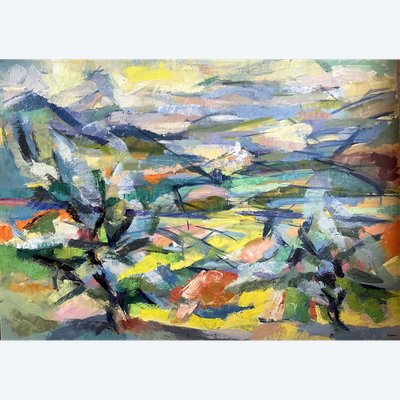 large canvas by Claude Vallet Landscape of southern France Olive groves