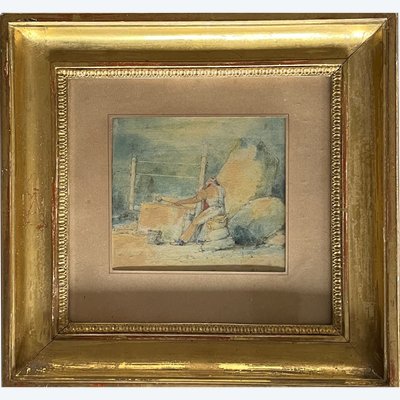 Small watercolor The Stonecutter, 1886 gold leaf.