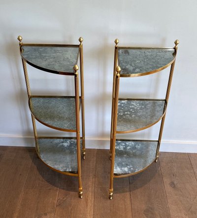 Pair Of Gilded Metal Corner Sofa Ends And Eglomerated Mirror Trays.