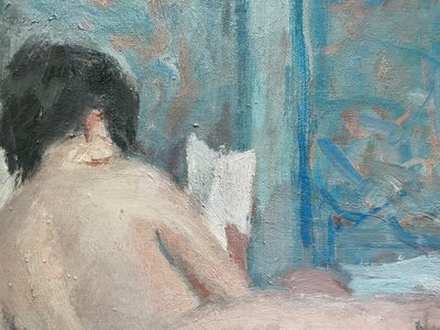 NUDE LYING READING. Oil on canvas , impressionist