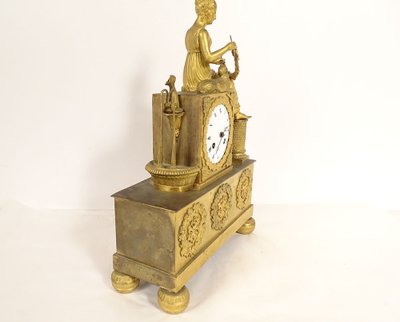 Empire Bronze Gilt Clock Young Woman Shepherdess Fountain Dolphin Flowers 19th century